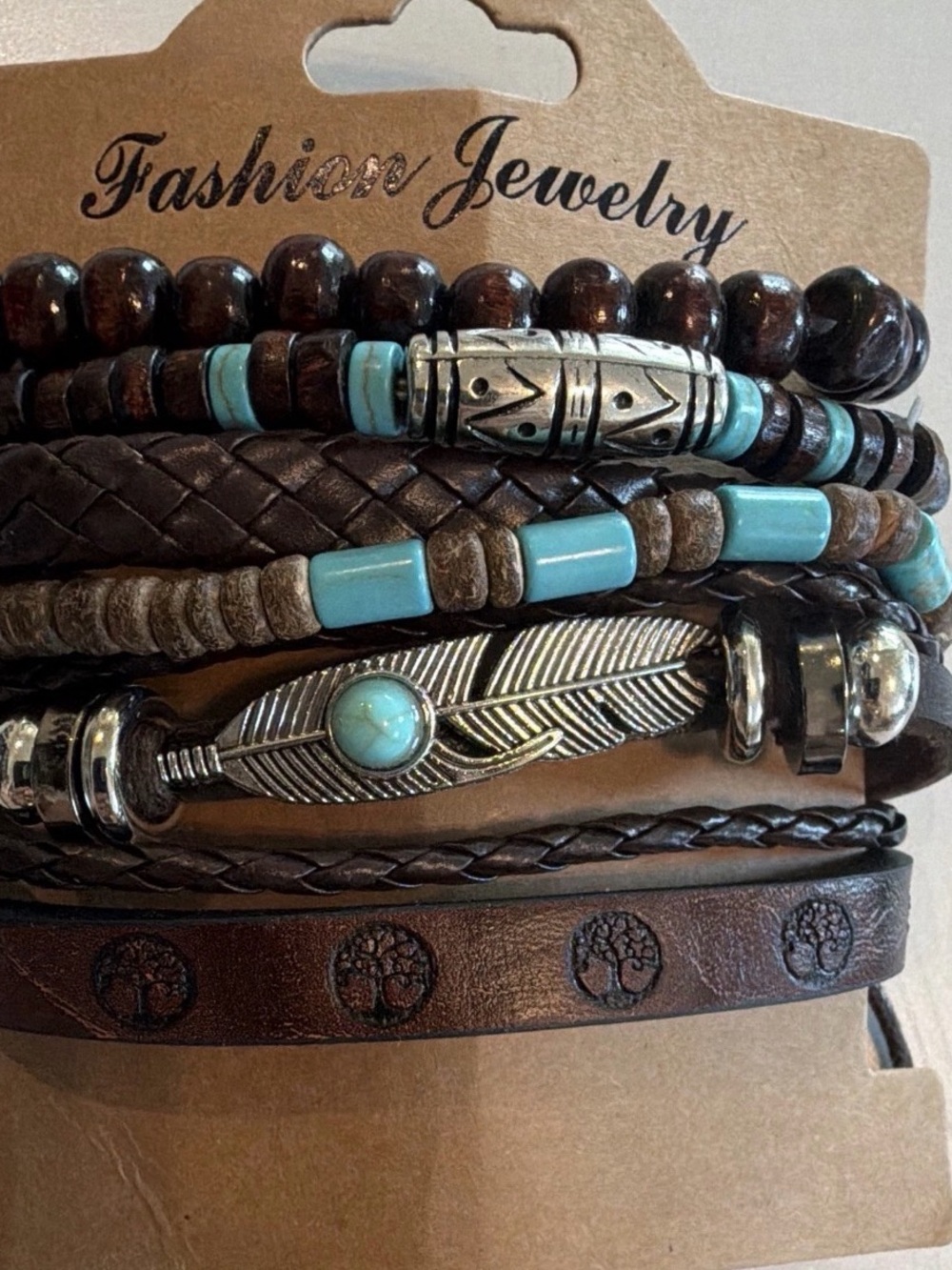 6 Pcs bohemian western bracelet stack turquoise bead and feather pendant New!